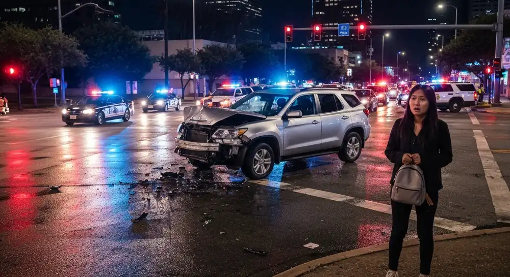 1773357727563 a crashed rideshare vehicle at a houston intersect