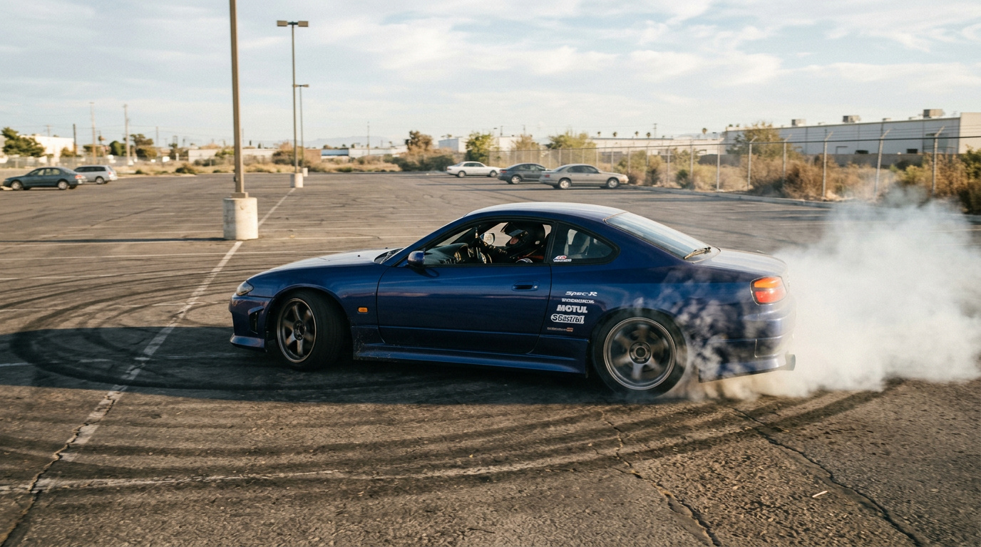 Driver performing donuts in a parking lot