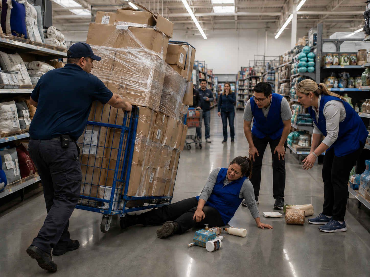 Store employee hit by overloaded delivery cart