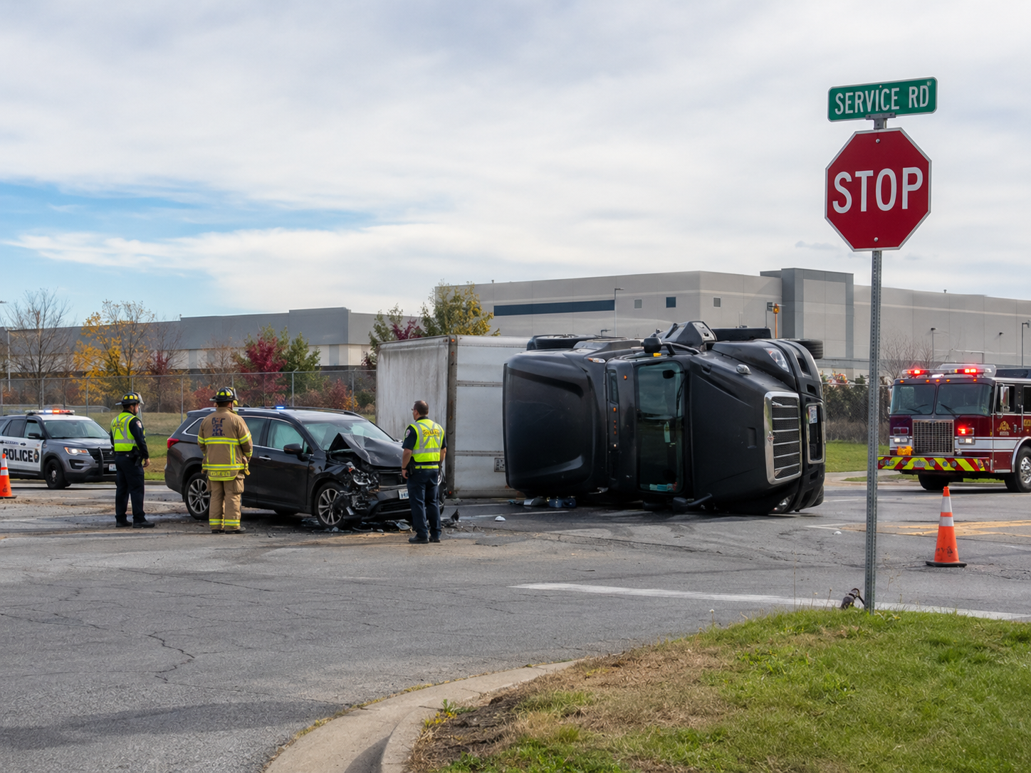 Tractor trailer rollover at stop sign intersection