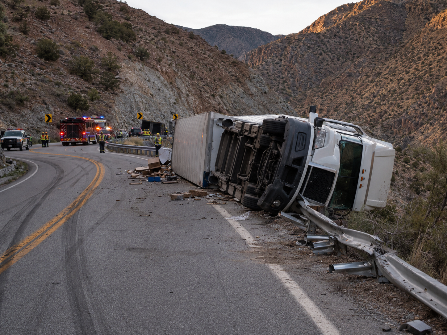 Truck accident on mountain highway guardrail